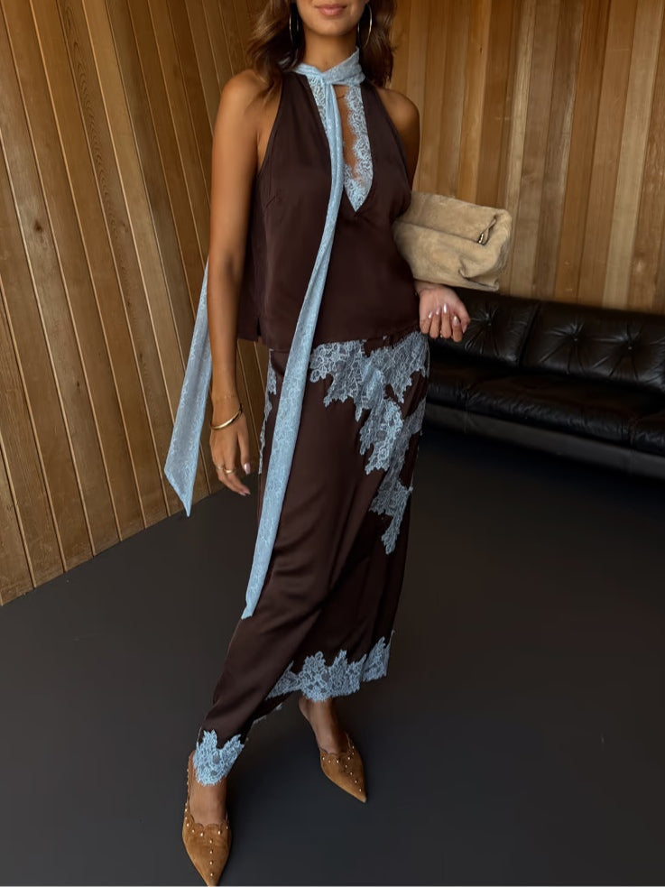 Giacomina | Elegant Lace Panel Top & Skirt Set for Women