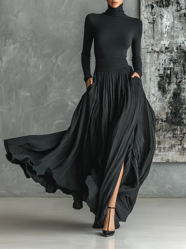 Altea | All-Black Turtleneck & Pleated Skirt Set for Women
