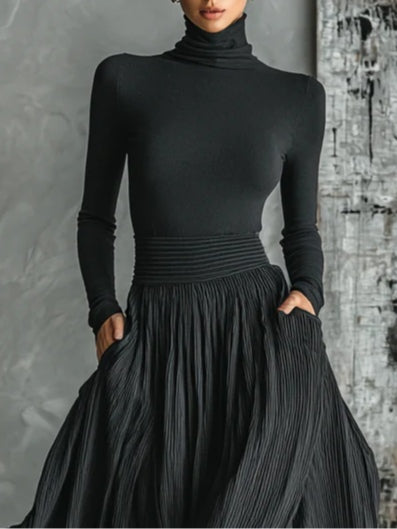 Altea | All-Black Turtleneck & Pleated Skirt Set for Women