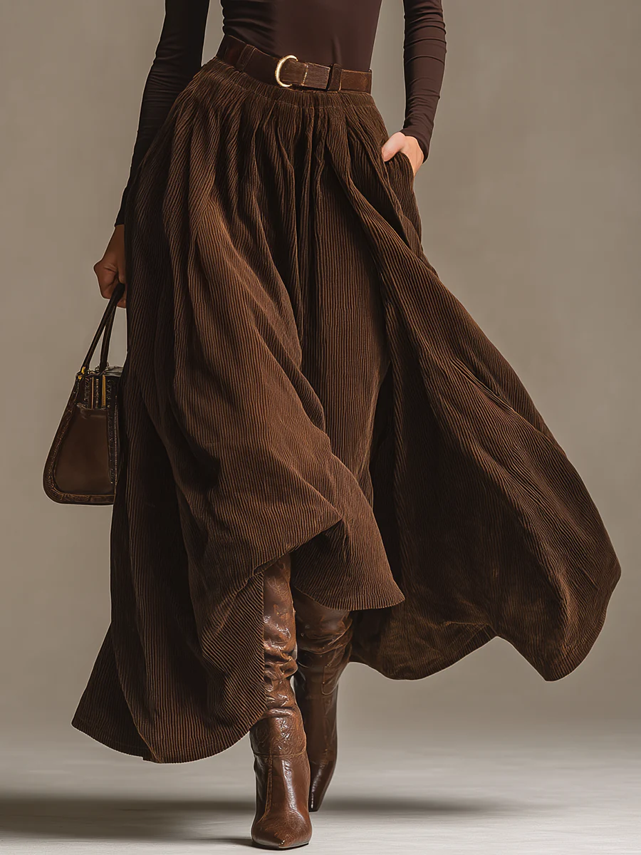 Georgette | Dark Brown Turtleneck Top &amp; Corduroy Skirt Set for Women