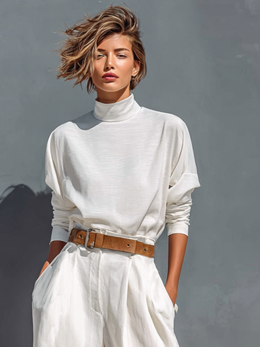 Isabeau | White High Neck Tee and Wide-Leg Pants Set for Women