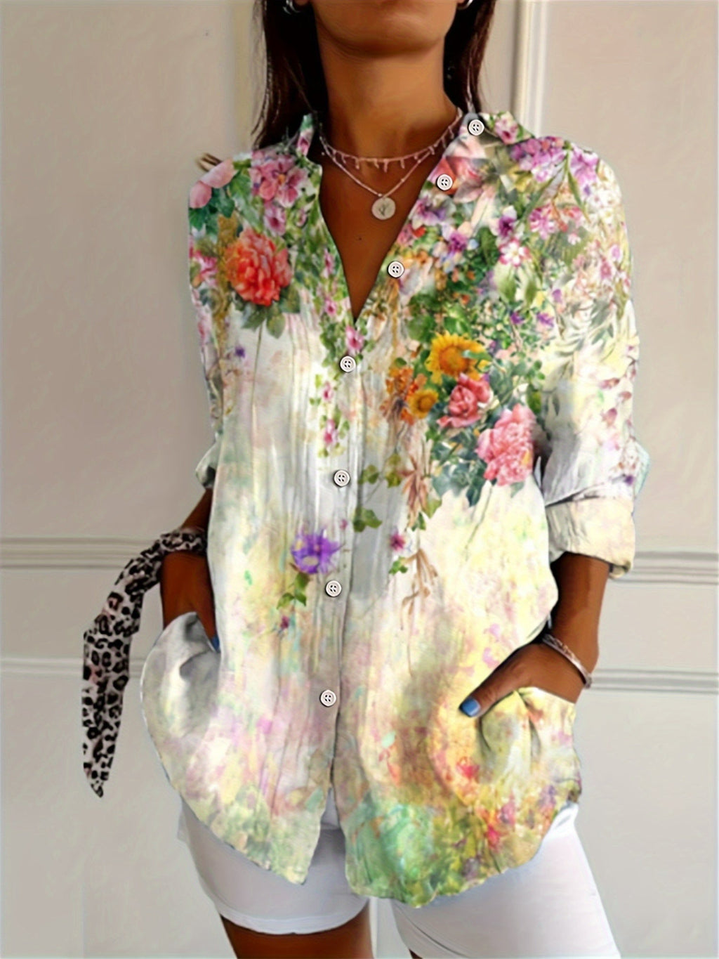Ivory | Floral V-Neck Long-Sleeve Blouse for Women