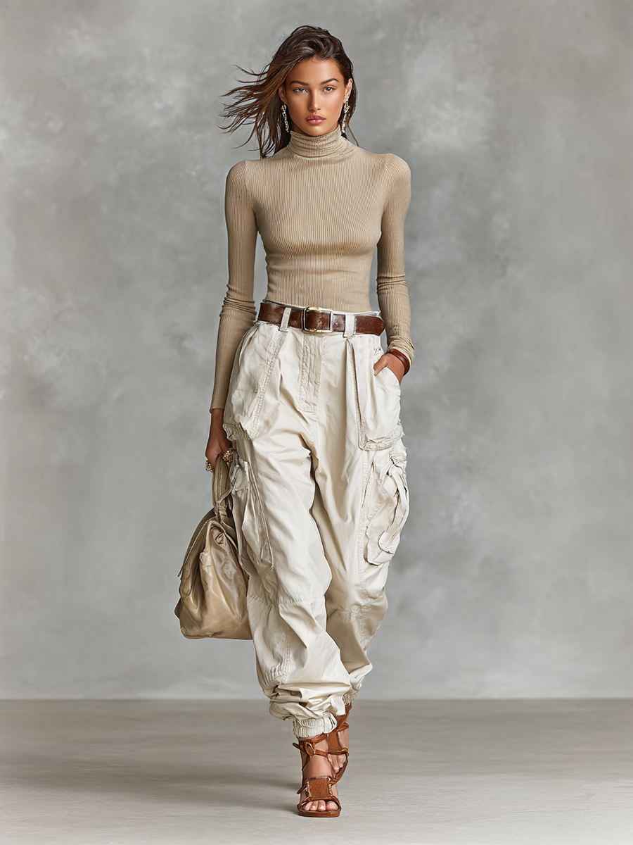 Agapi | High Neck Long Sleeve Top and Cargo Pants Set for Women