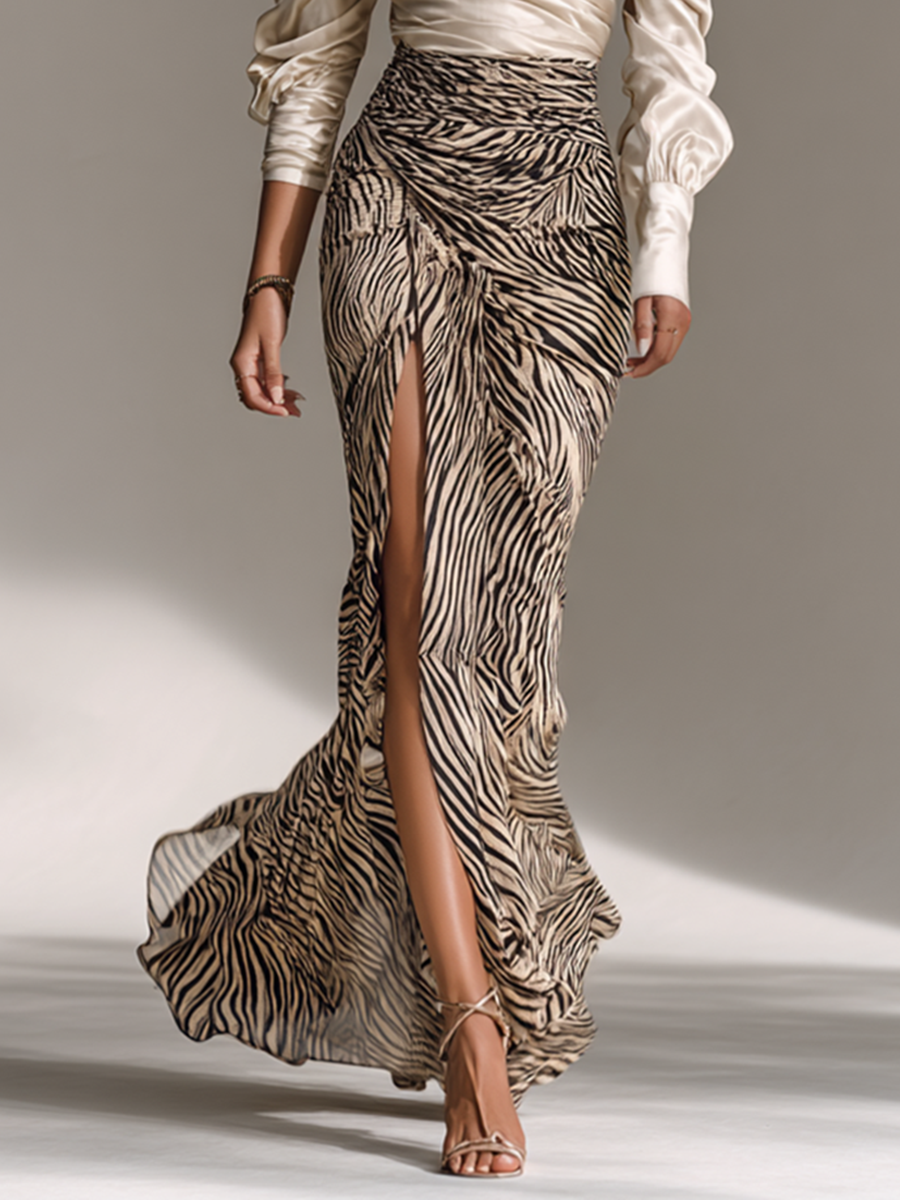 Paolina | Satin Off-Shoulder Zebra Print Top & Skirt Set for Women