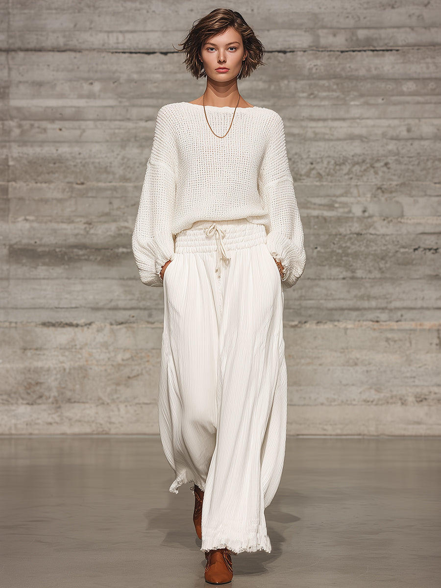 Noemie | White Elastic Waist Wide-Leg Trousers for Women