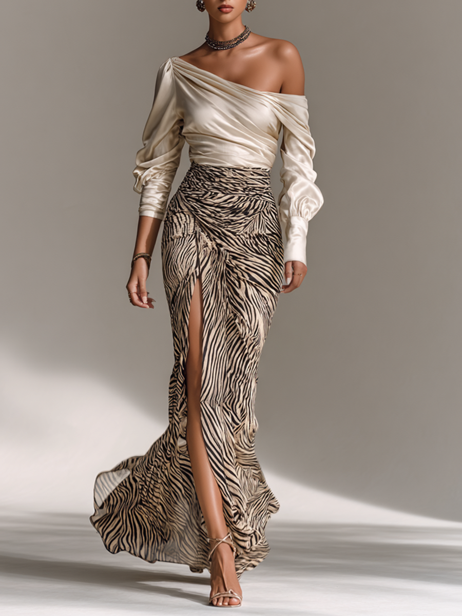 Paolina | Satin Off-Shoulder Zebra Print Top & Skirt Set for Women
