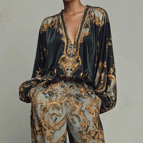Retro Baroque Print Deep V-Neck Relaxed Fit Set