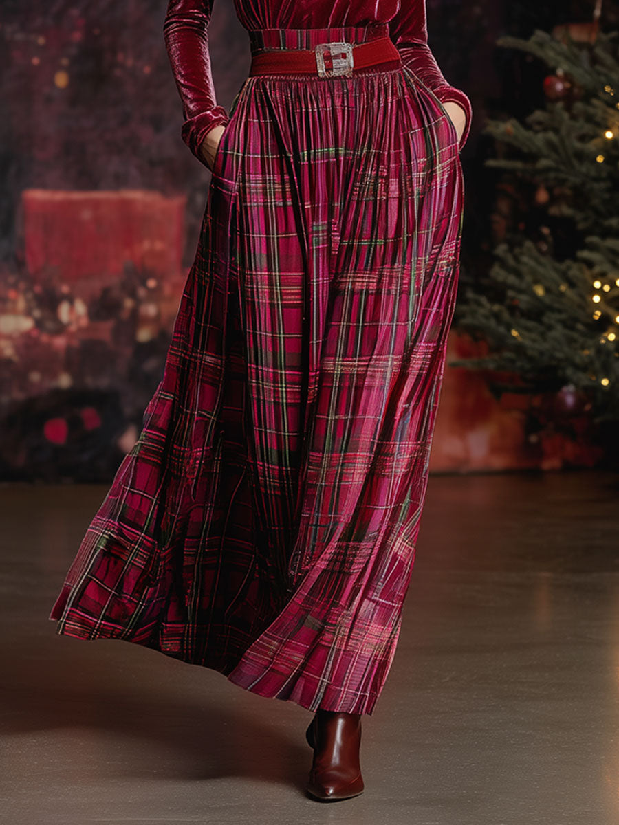 Bettina | Festive Velvet Turtleneck and Plaid Skirt Set for Women
