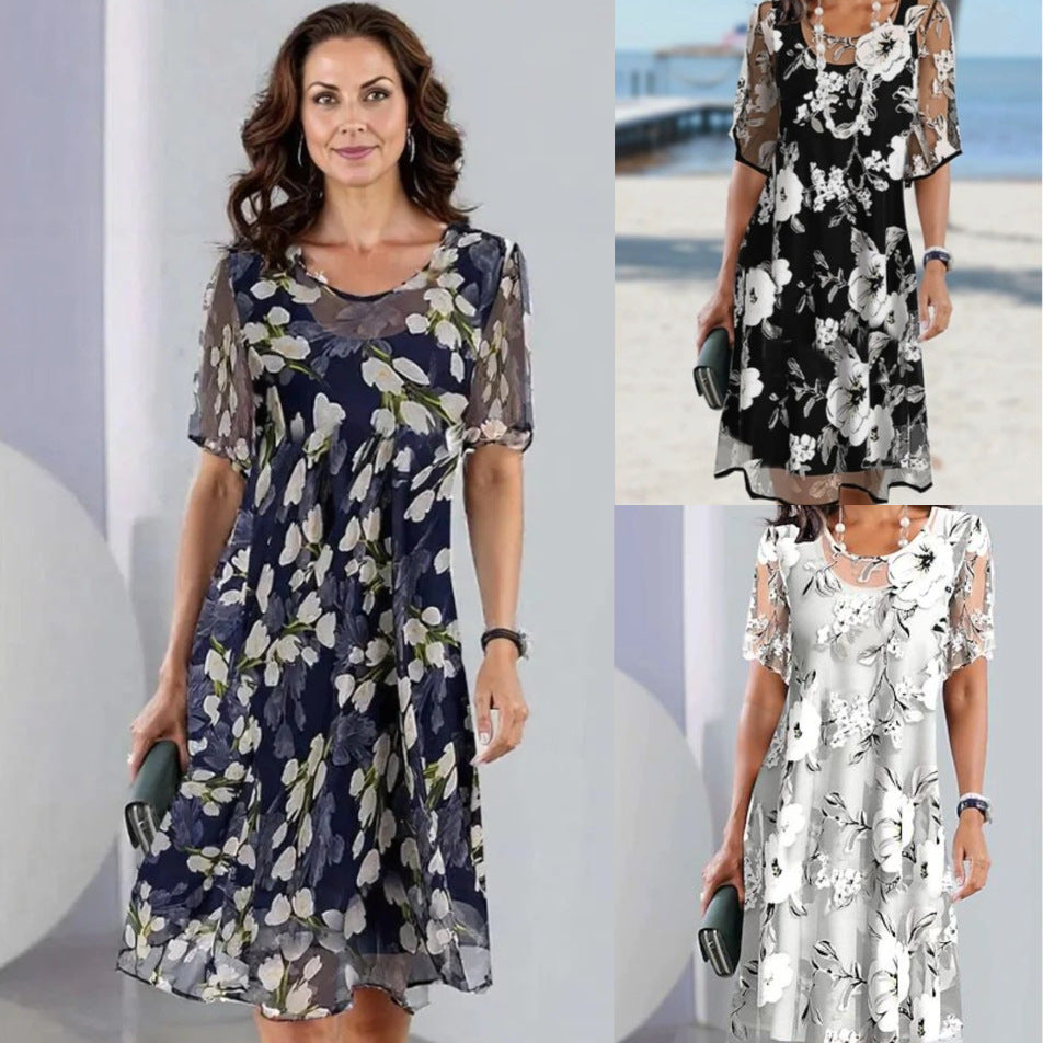 Hayley | Floral A-Line Midi Dress with Short Sleeves