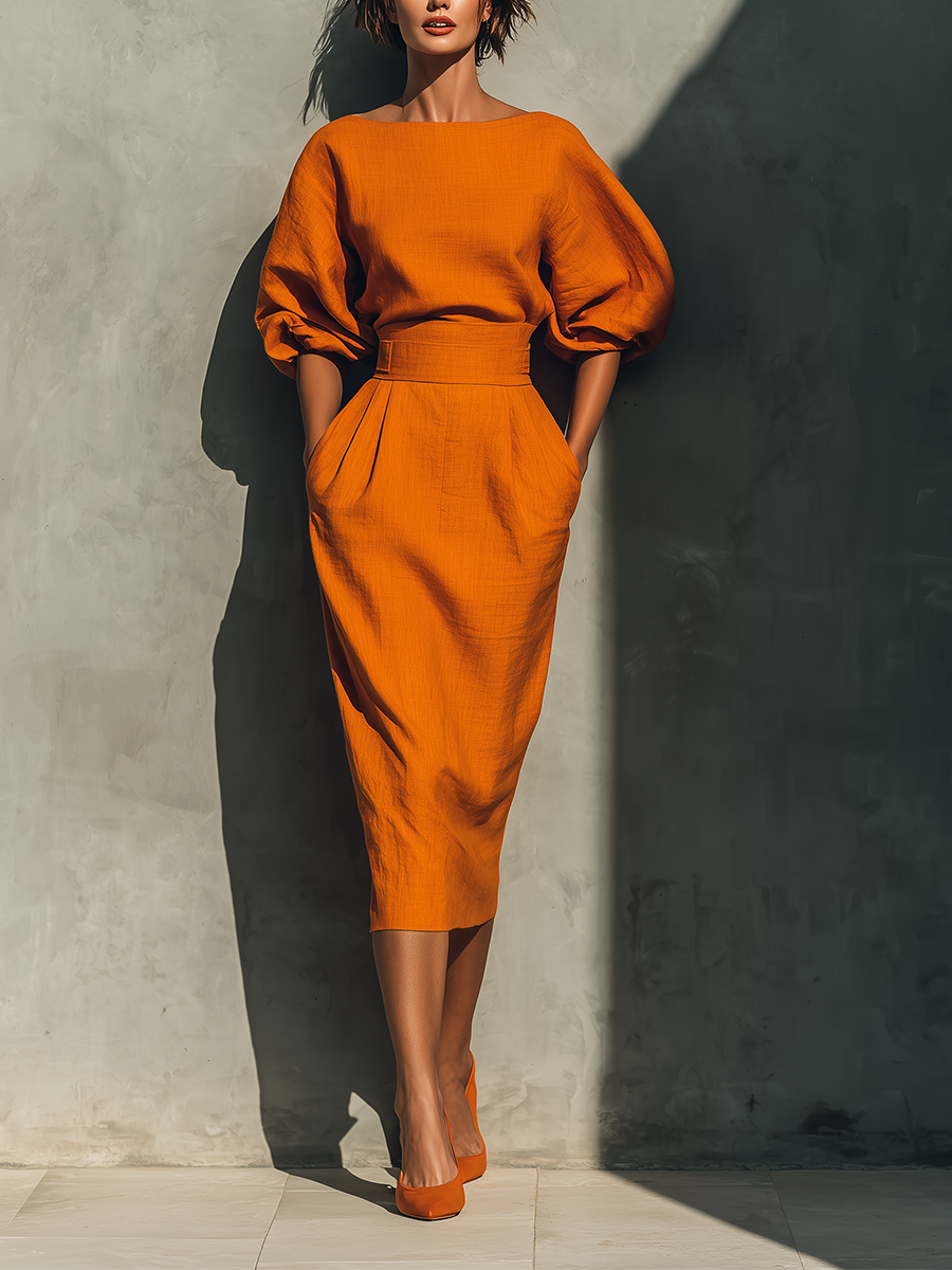 Zelmira | Orange Mid-Sleeve Top & Midi Skirt Set for Women
