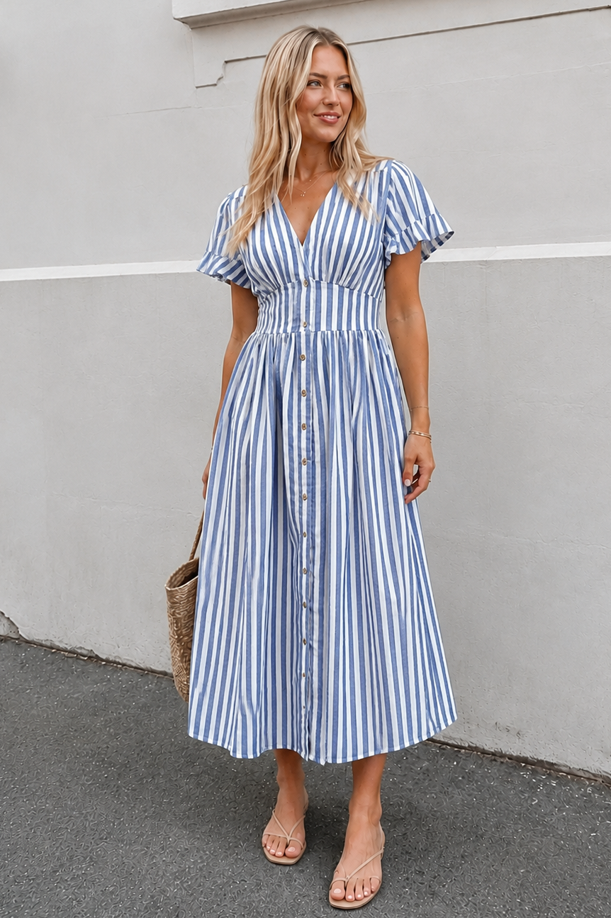 Serafina | Blue Striped Midi Dress