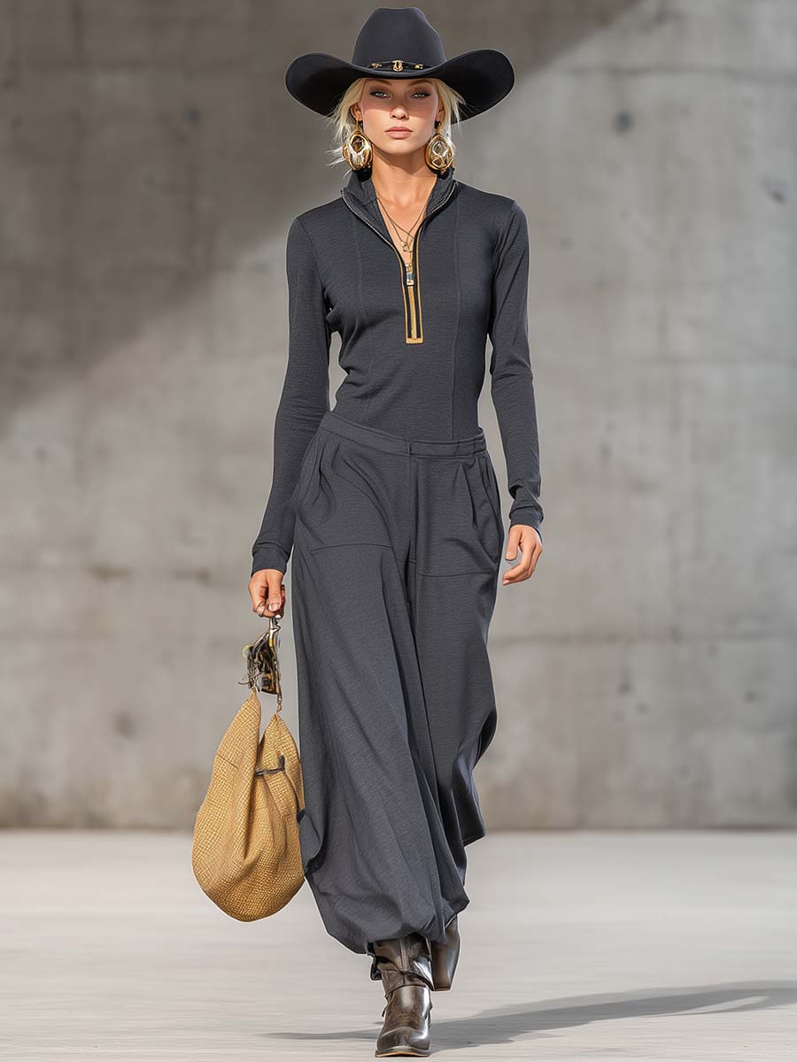 Ersilia | Casual Zipper Top and Wide Pants Set for Women