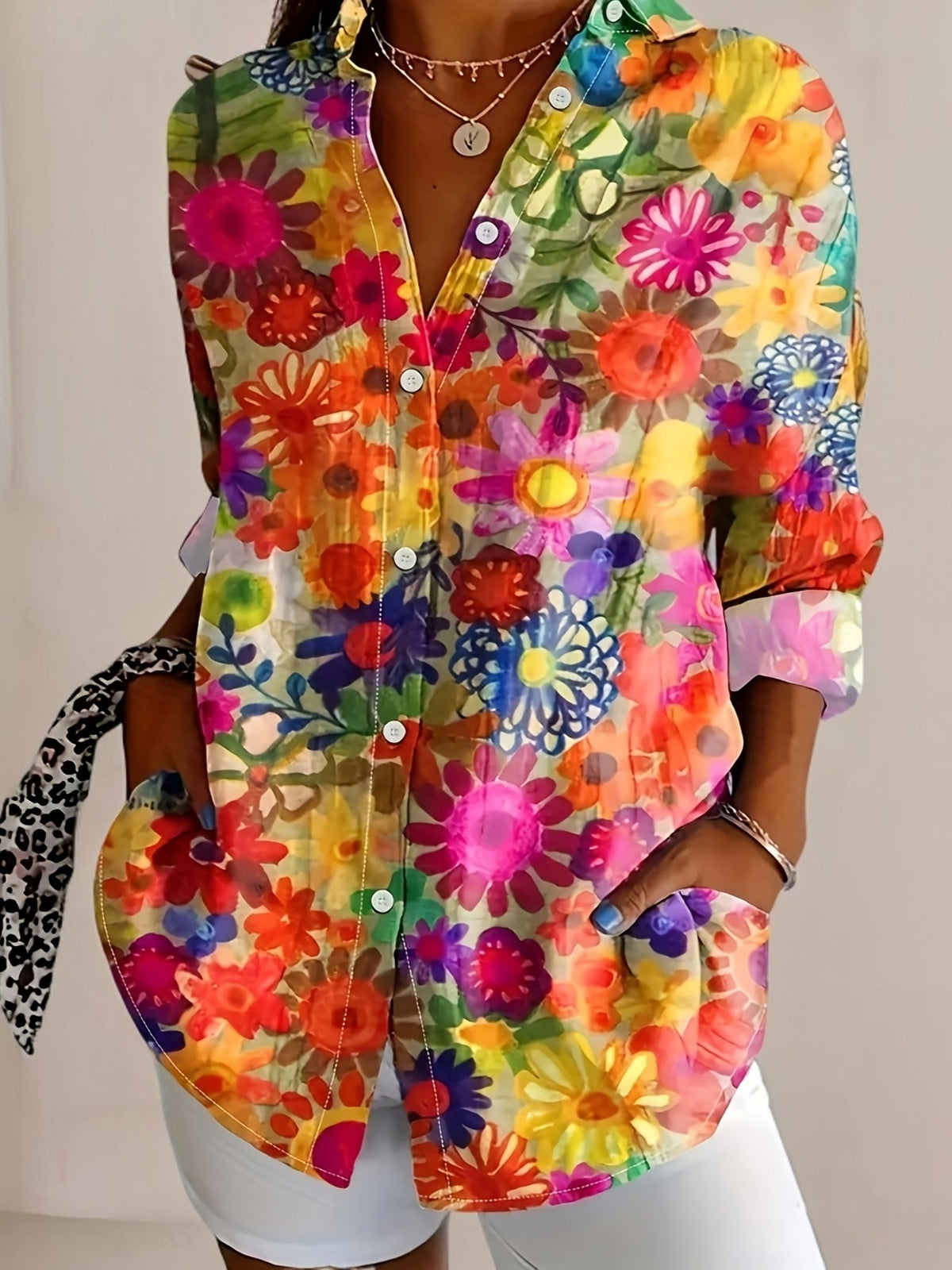 Violet | Floral Button-Front Long Sleeve Blouse for Women