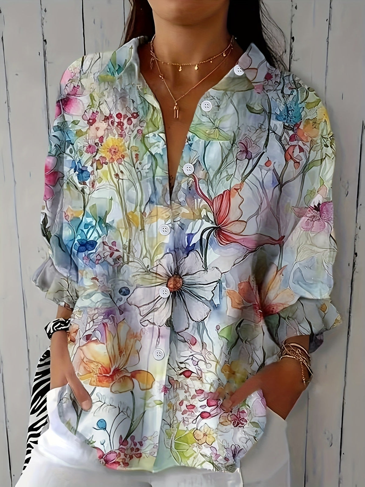 Yseult | Retro Floral Button-Front Blouse for Women