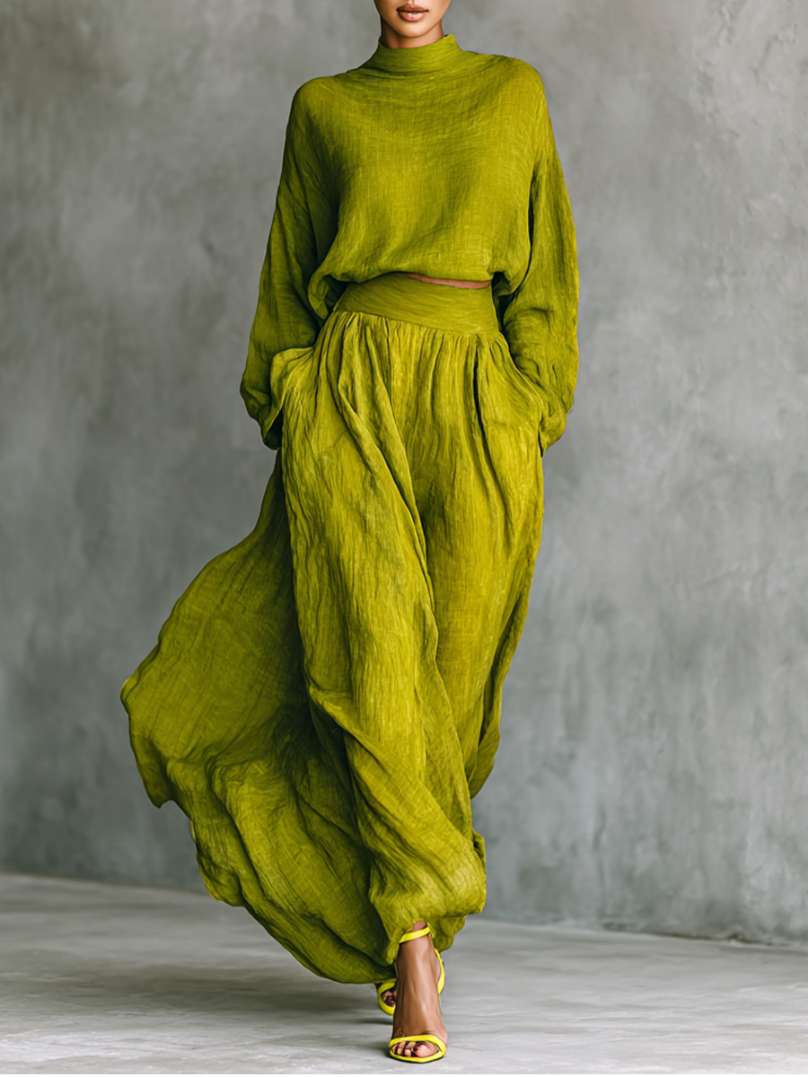 Anastasia | Green Turtleneck Top &amp; Maxi Skirt Set for Women