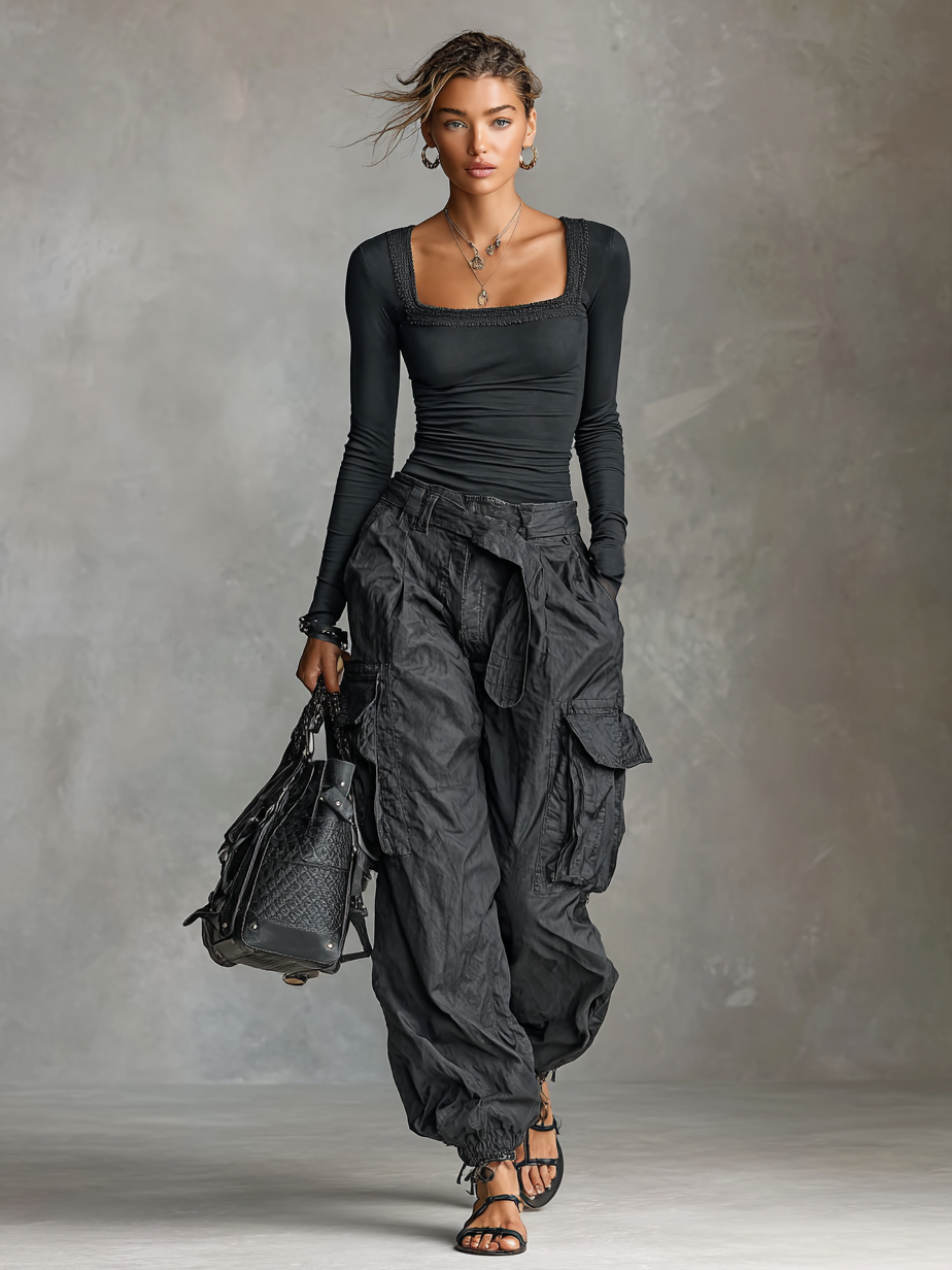 Gaëlle | Square Neck Shirt and Cargo Pants Set for Women