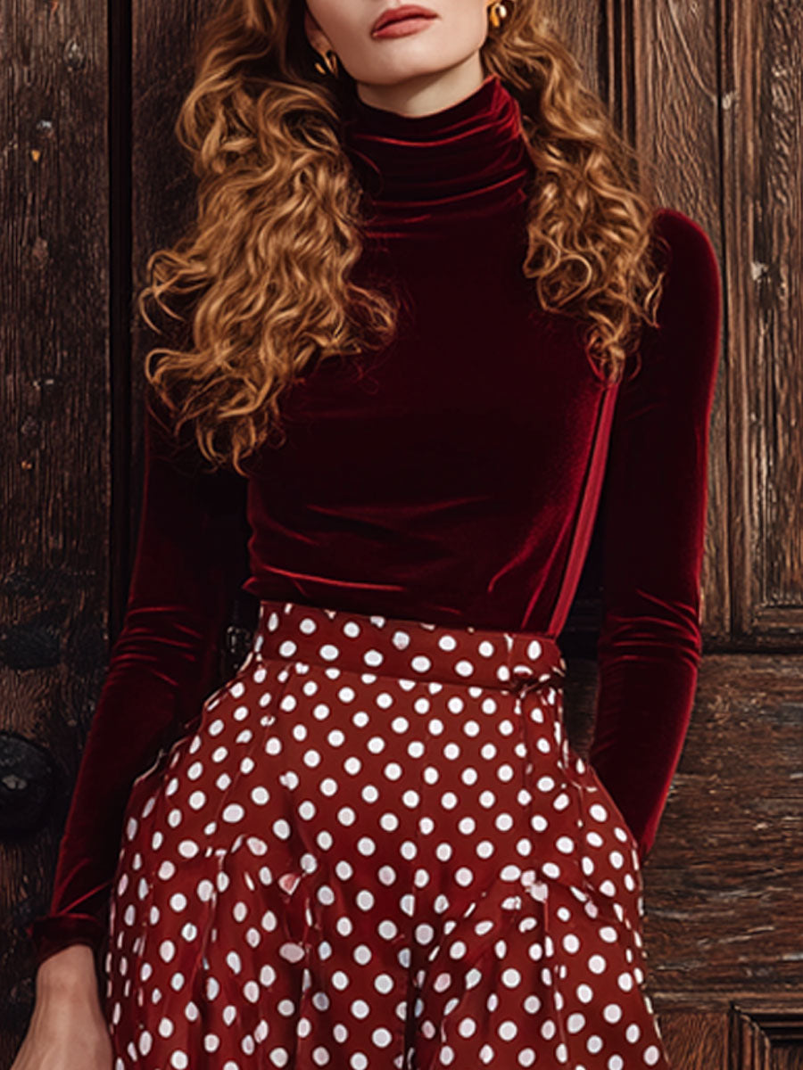 Donata | Velvet Turtleneck and Polka Dot Skirt Set for Women