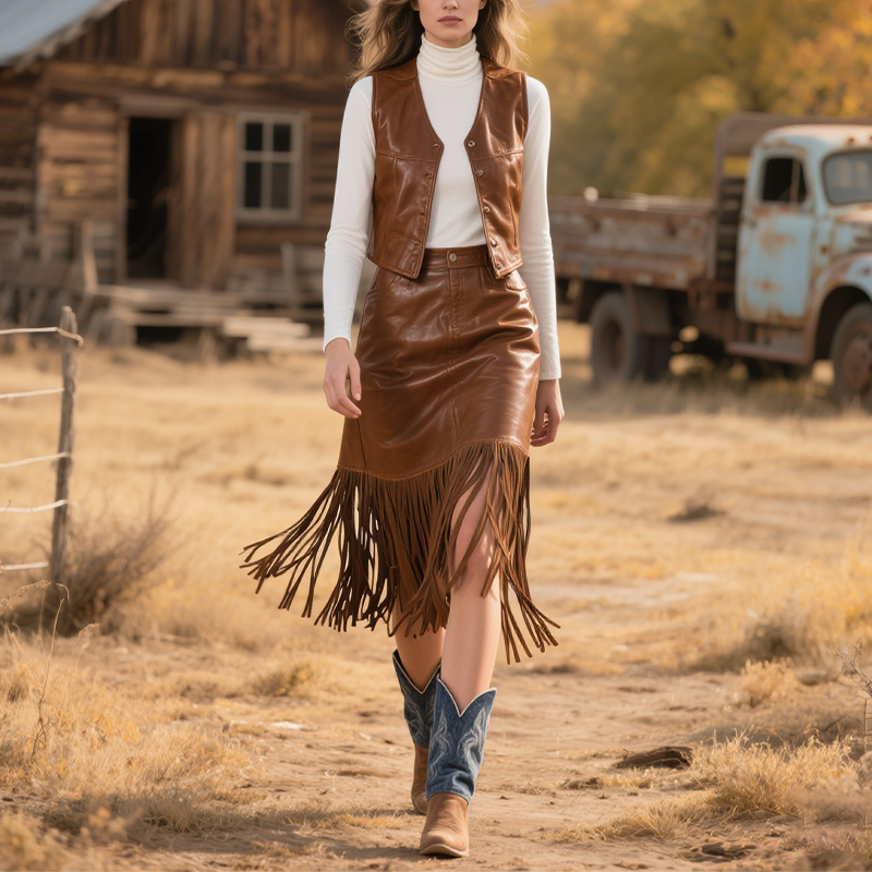 Azzurra | Bohemian Leather Fringe Skirt