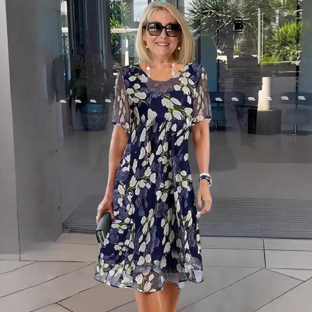 Hayley | Floral A-Line Midi Dress with Short Sleeves