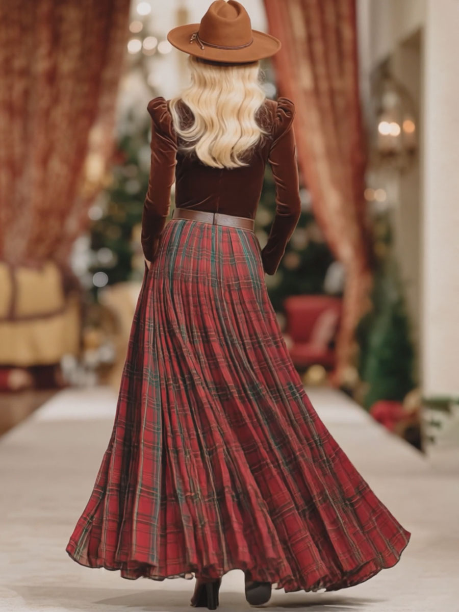 Mireille | Lace V-Neck Top and Plaid Skirt Set for Women
