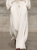 Noemie | White Elastic Waist Wide-Leg Trousers for Women