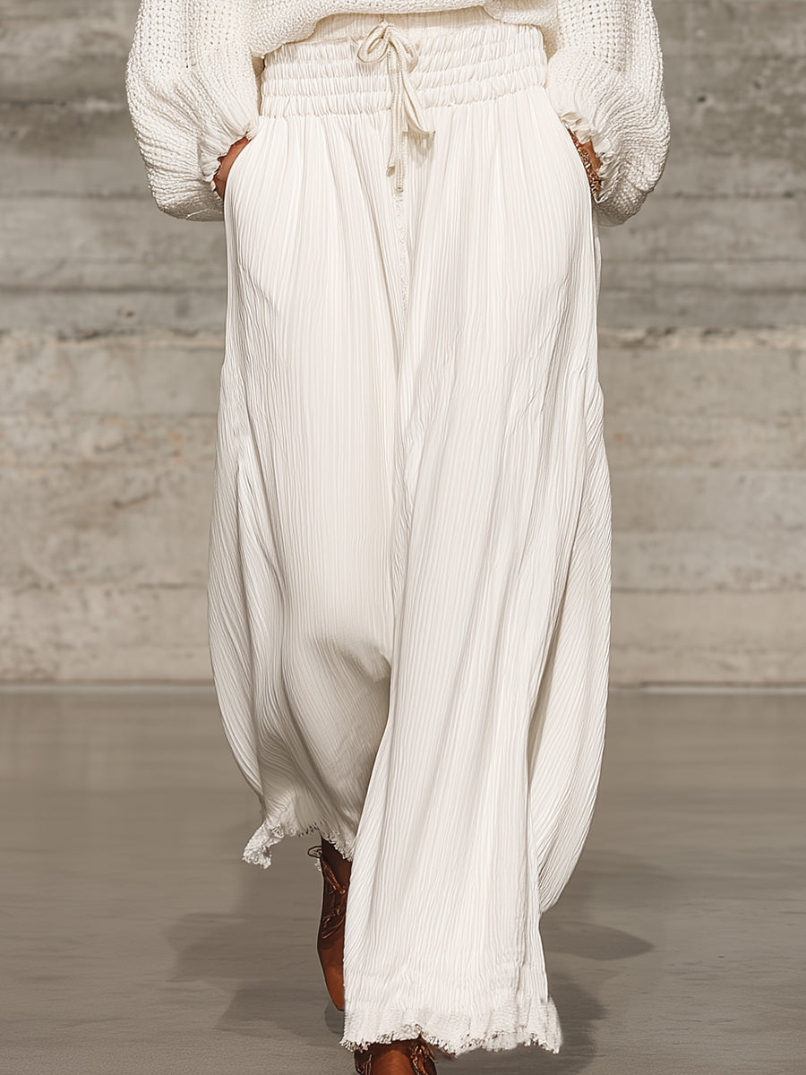Noemie | White Elastic Waist Wide-Leg Trousers for Women