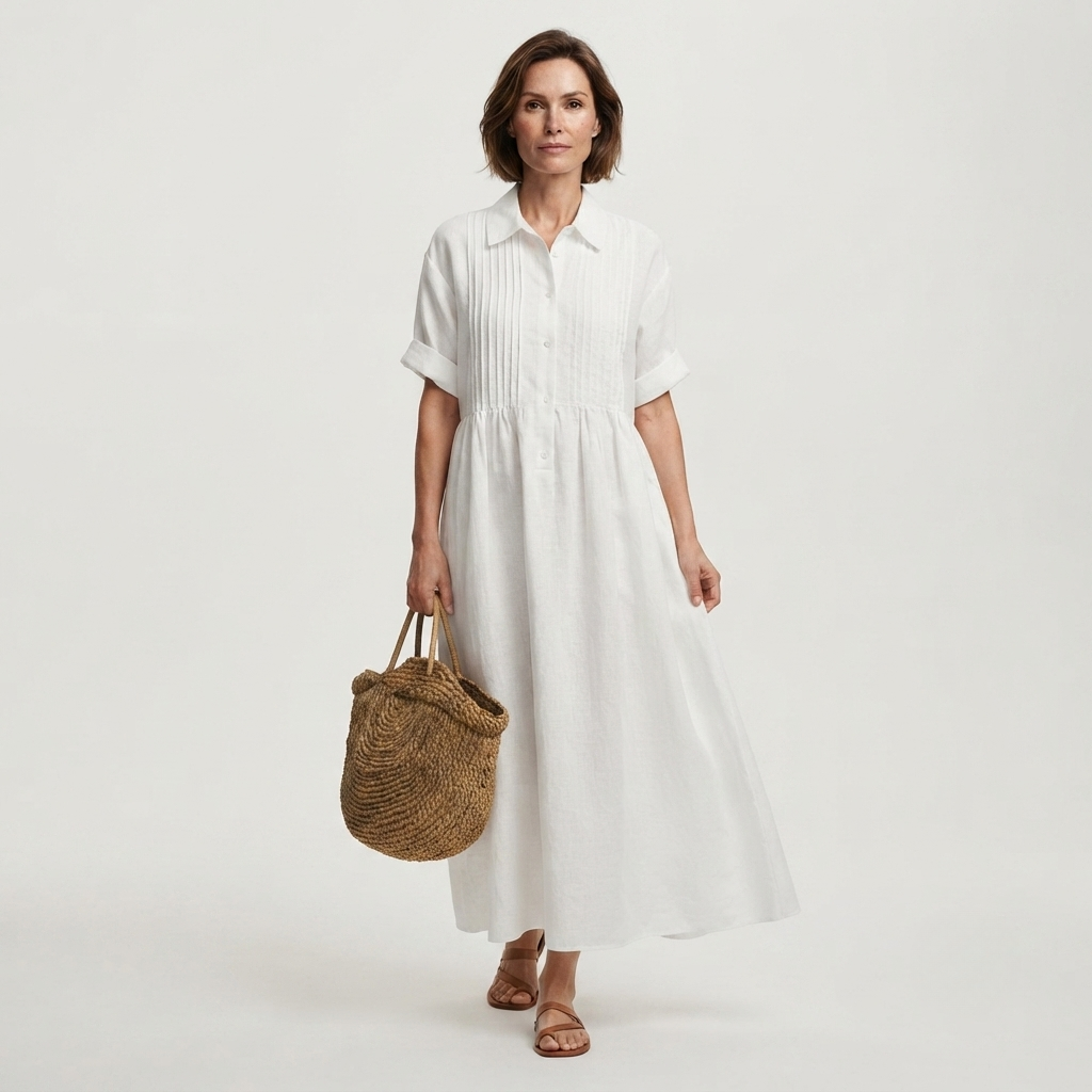 Chelsea | Pintuck Linen Look Maxi Shirt Dress