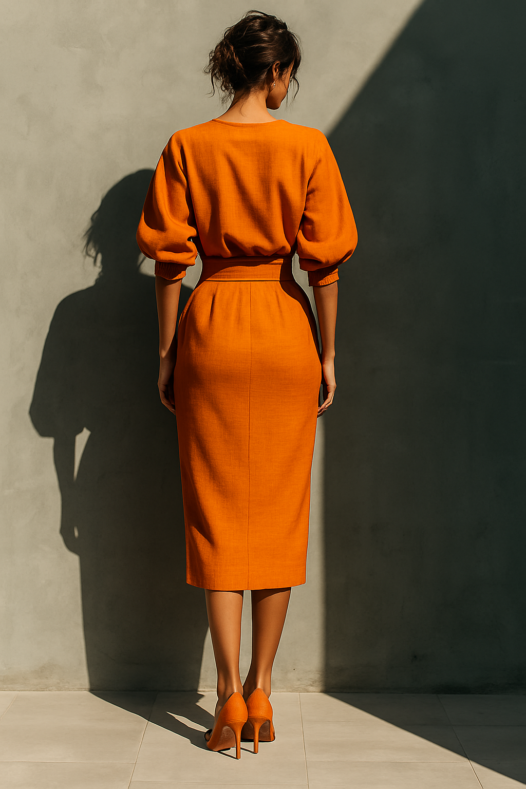 Zelmira | Orange Mid-Sleeve Top & Midi Skirt Set for Women