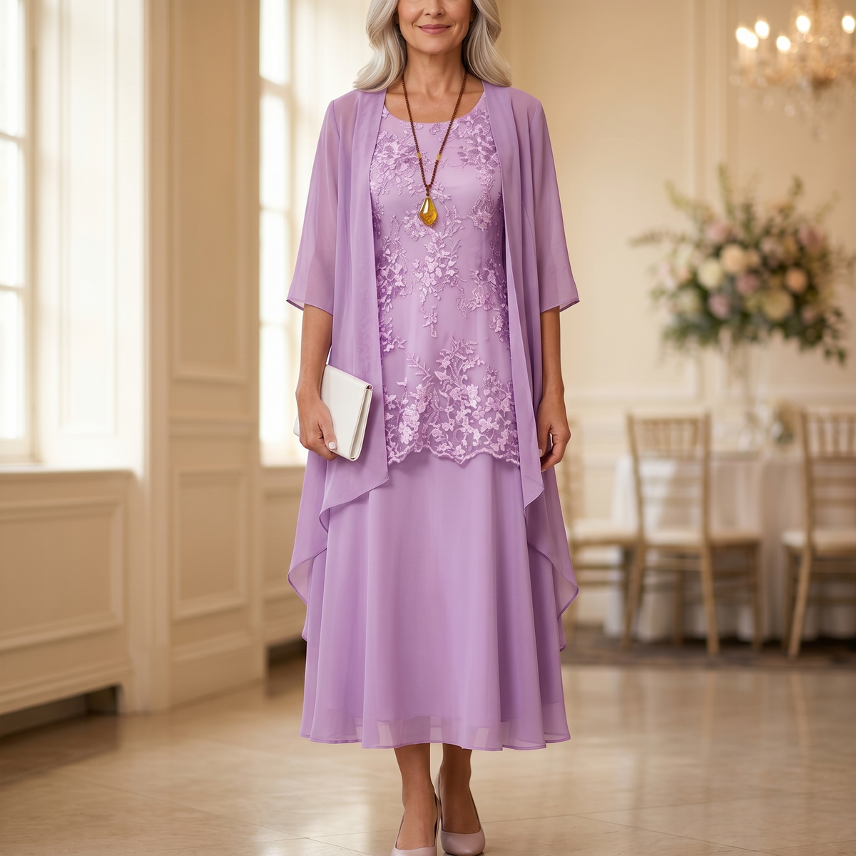 Roxane | Elegant Lace and Chiffon Dress Set for Women