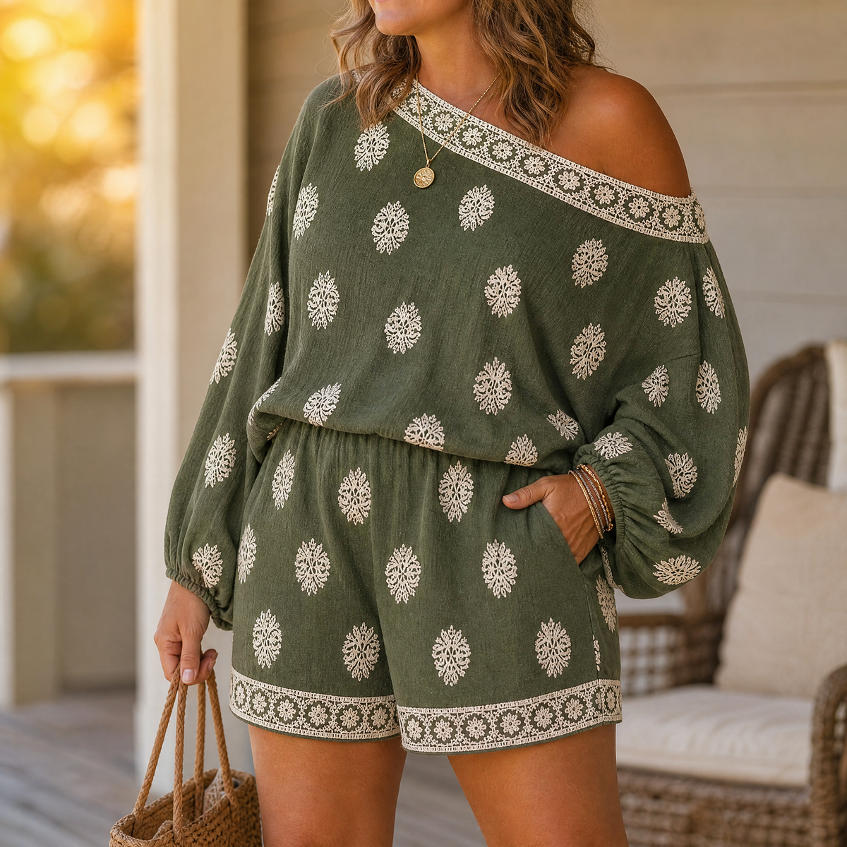 Solenne | Bohemian Off-Shoulder Matching Set for Women