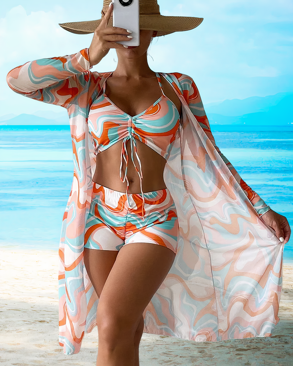 Mikayla | Swirl Print Bikini Set with Sheer Cover Up