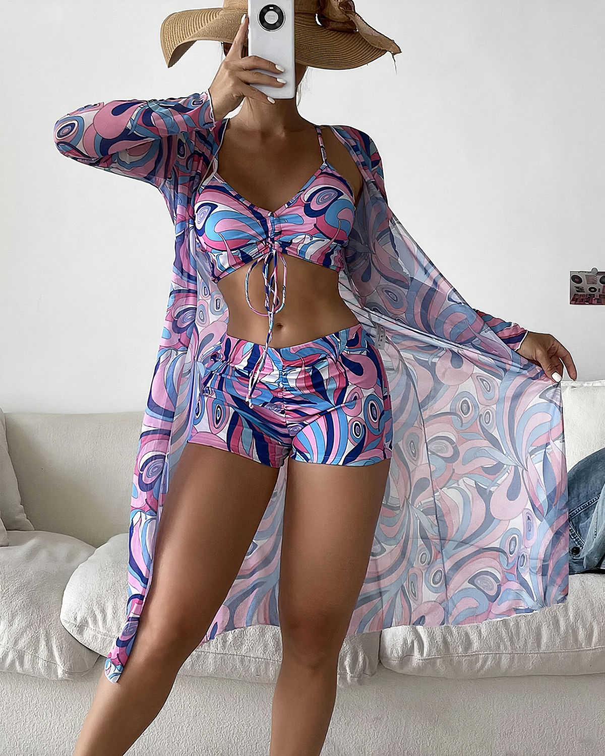 Mikayla | Swirl Print Bikini Set with Sheer Cover Up