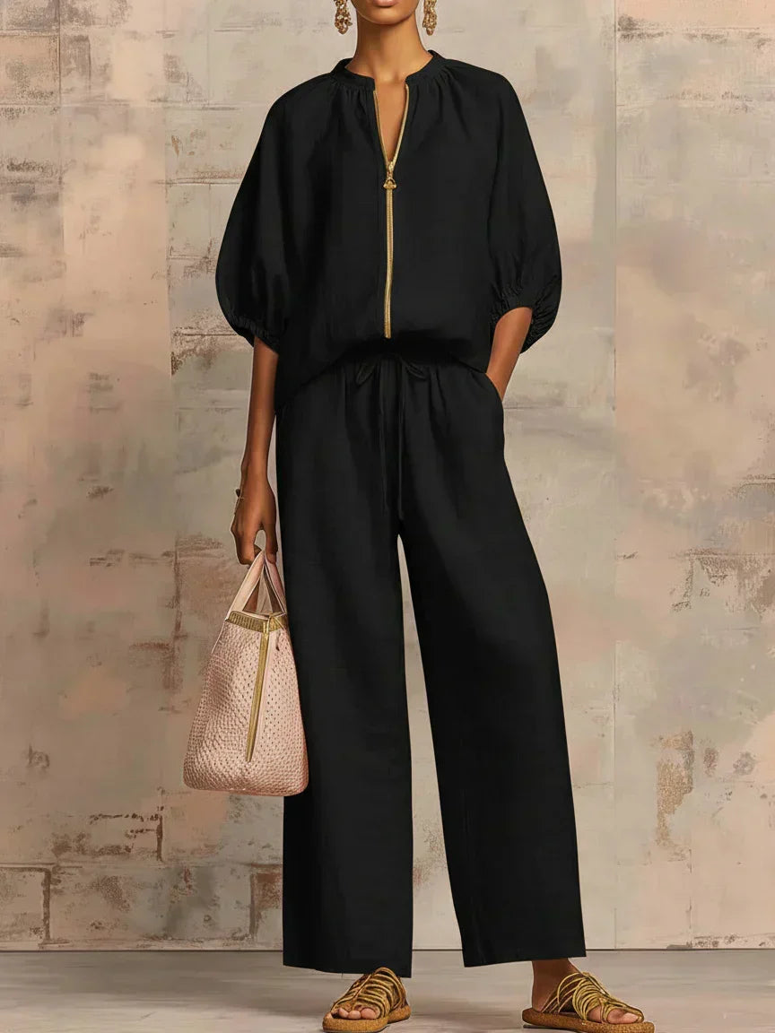 Alba | Relaxed Button-Up Shirt & Wide-Leg Pants Set for Women