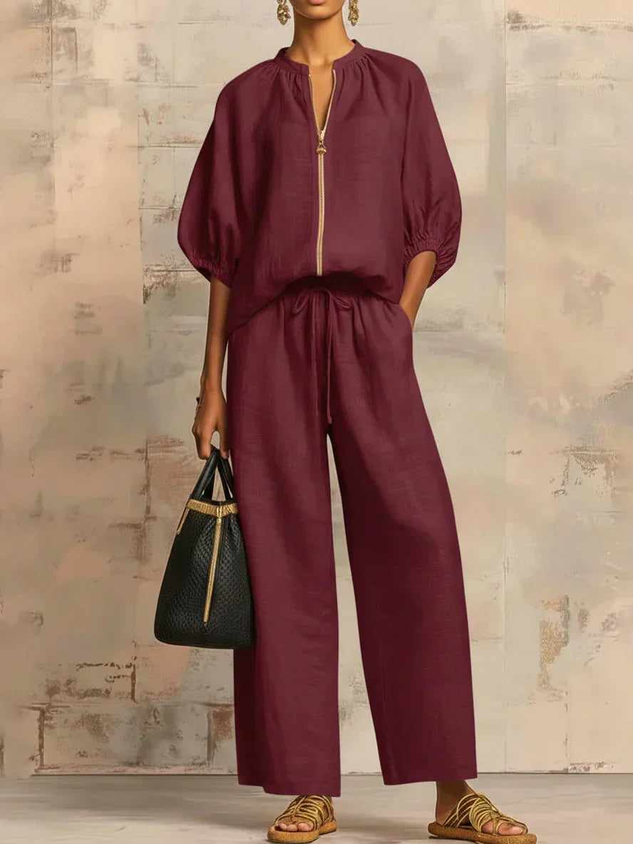 Alba | Relaxed Button-Up Shirt & Wide-Leg Pants Set for Women