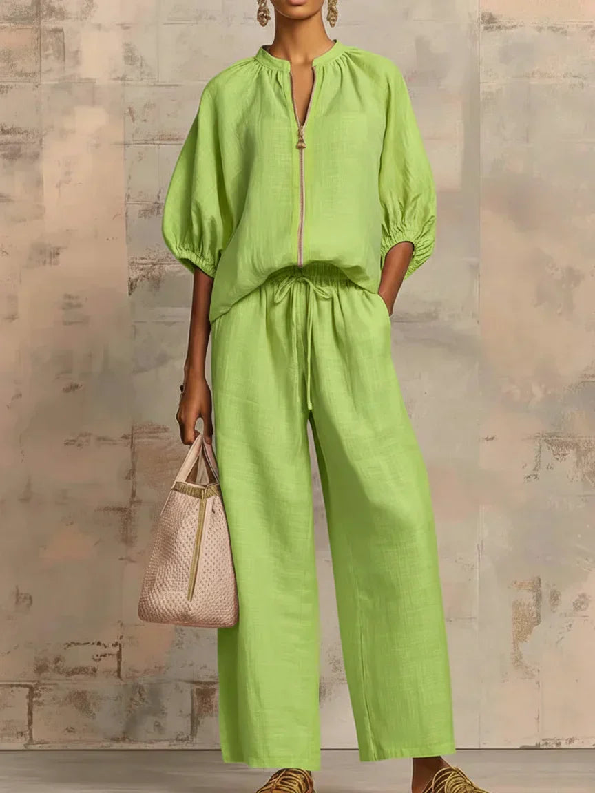 Alba | Relaxed Button-Up Shirt & Wide-Leg Pants Set for Women