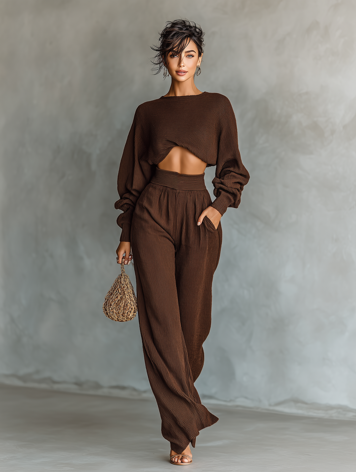 Natividad | Short Top and Wide-Leg Pants Knitted Set for Women