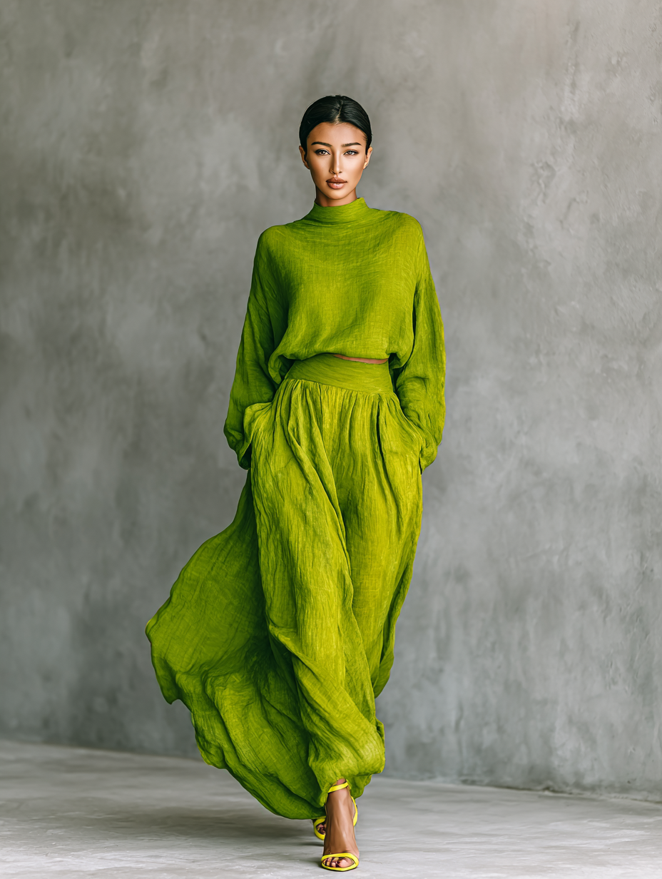 Anastasia | Green Turtleneck Top &amp; Maxi Skirt Set for Women