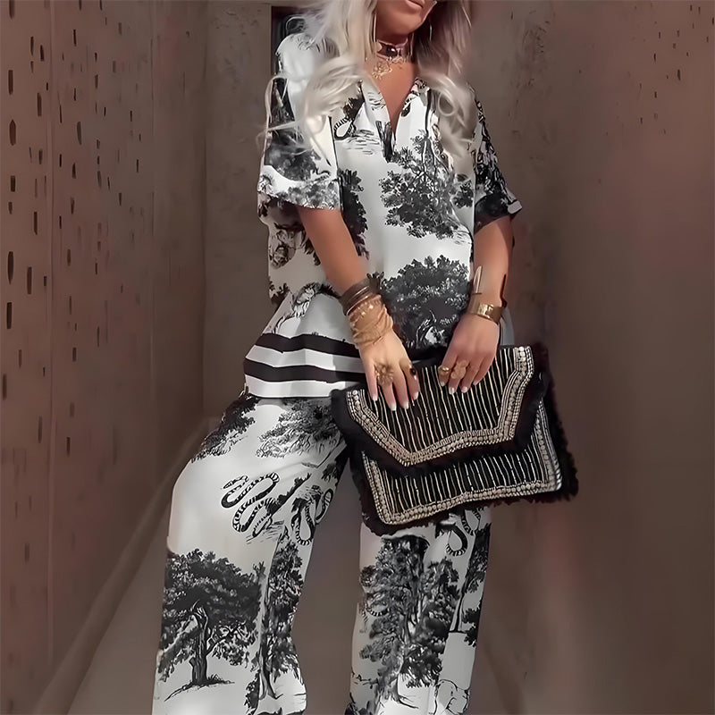 Corinna | Printed V-Neck Top & Wide-Leg Pants Set for Women